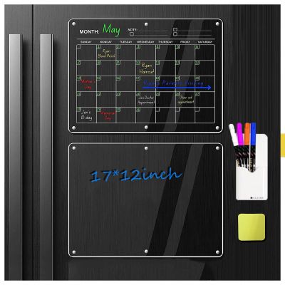 Wipeable Weekly Planner, 43 x 30 cm, 2-Pack, Acrylic Refrigerator Calendar with 4 Colored Markers, Eraser and Pen Holder