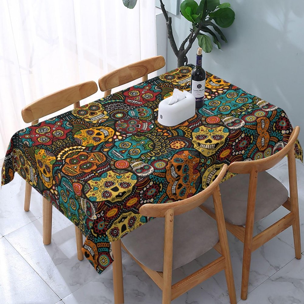 KIROJA Sugar Skulls Print Rectangular Tablecloth, Waterproof and Washable