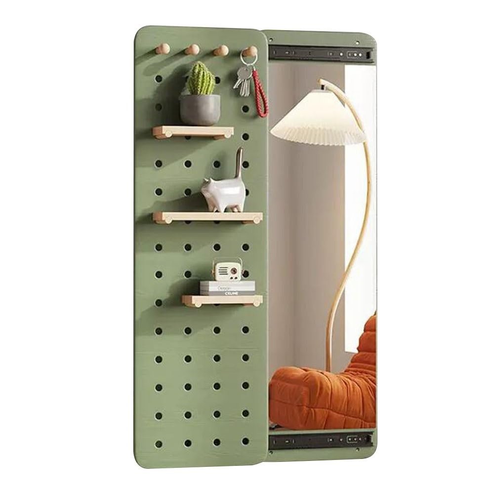 Entryway Mirror with Hooks and Shelves, 2-in-1 Wall-Mounted Coat Rack, Green, 50 x 140 cm