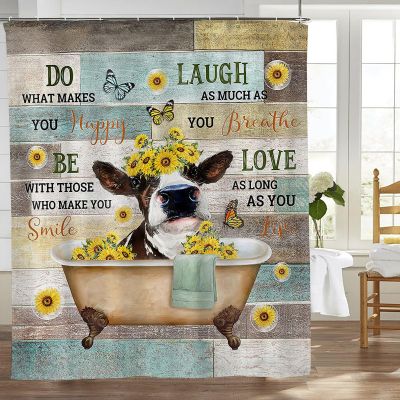 Rustic Cow Shower Curtain with Sunflower and Butterfly Design, 183 x 183 cm