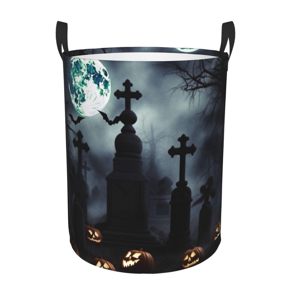 Round Gothic Happy Halloween Laundry Basket with Handles