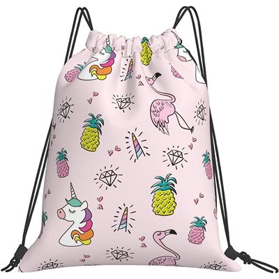 Drawstring Backpack, Unicorn, Flamingo, Pink and Pineapple