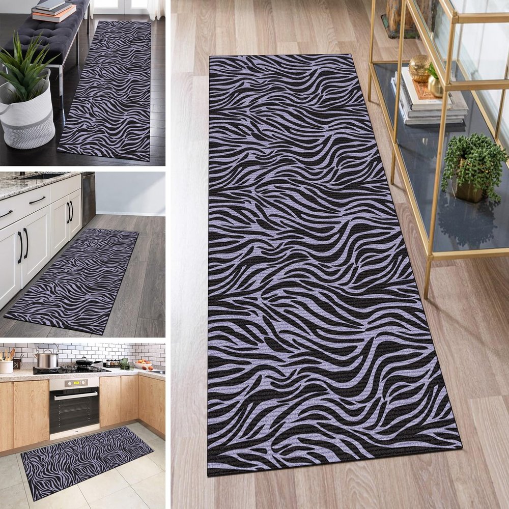QQrunner Purple and Black Washable Non-Slip Runner Rug, 40 x 300 cm