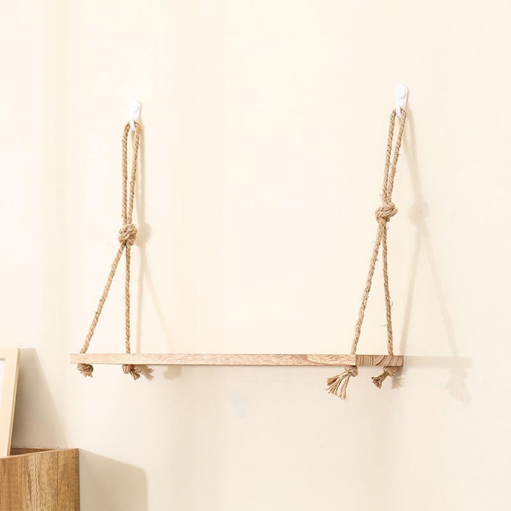 Rustic Solid Wood Hanging Shelves with Jute Rope