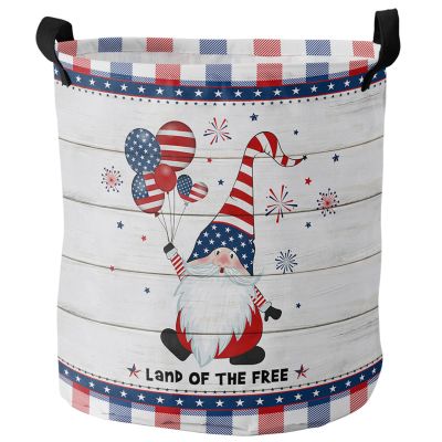 Flag Day Independence Dwarf Buffalo Plaid Wood Grain Laundry Hamper with Handle, 34 x 42 cm