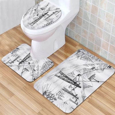IUBBKI 3-Piece Bathroom Mat Set, Non-Slip, Winter Ski Lift and Fir Tree Design