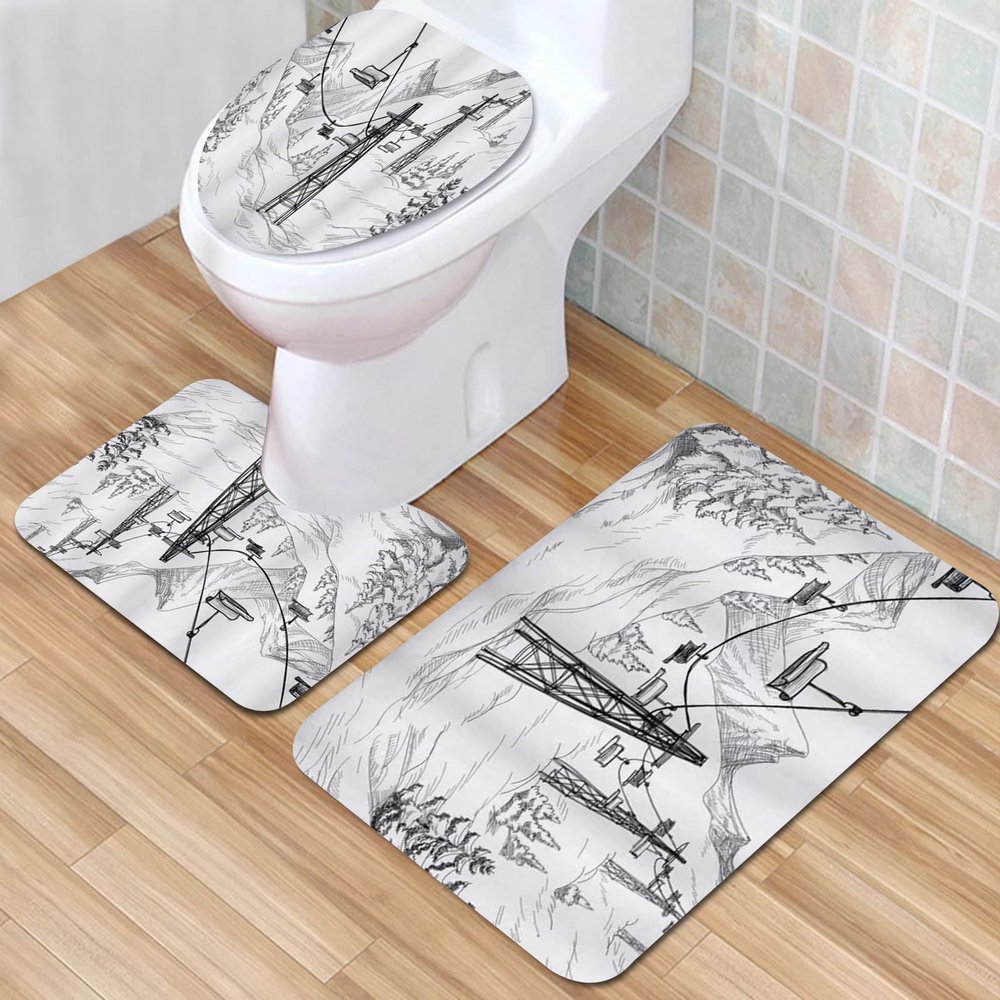 IUBBKI 3-Piece Bathroom Mat Set, Non-Slip, Winter Ski Lift and Fir Tree Design