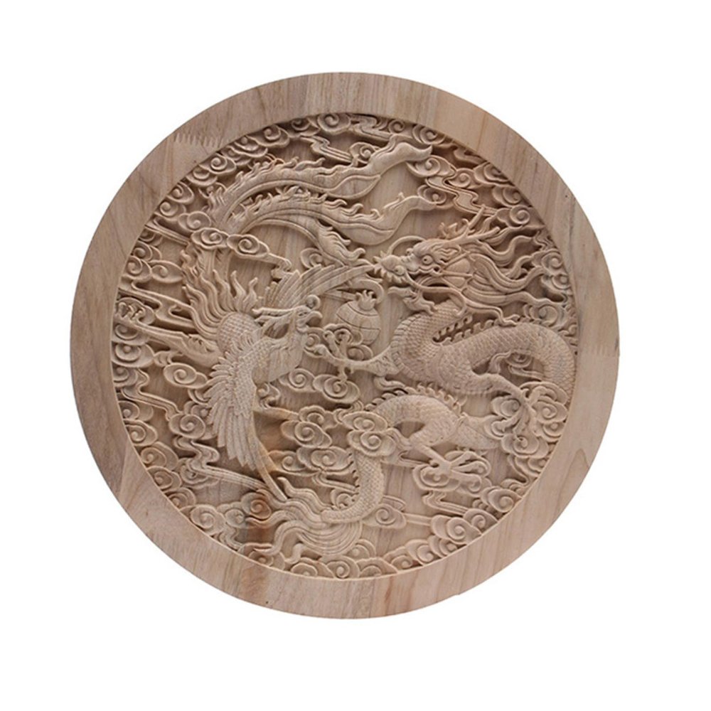 Carved Dragon Round Wood Applique, 24 × 24 cm