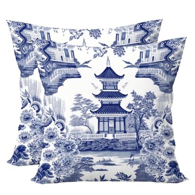 2 Chinoiserie Blue Throw Pillow Covers, 40.6 x 40.6 cm