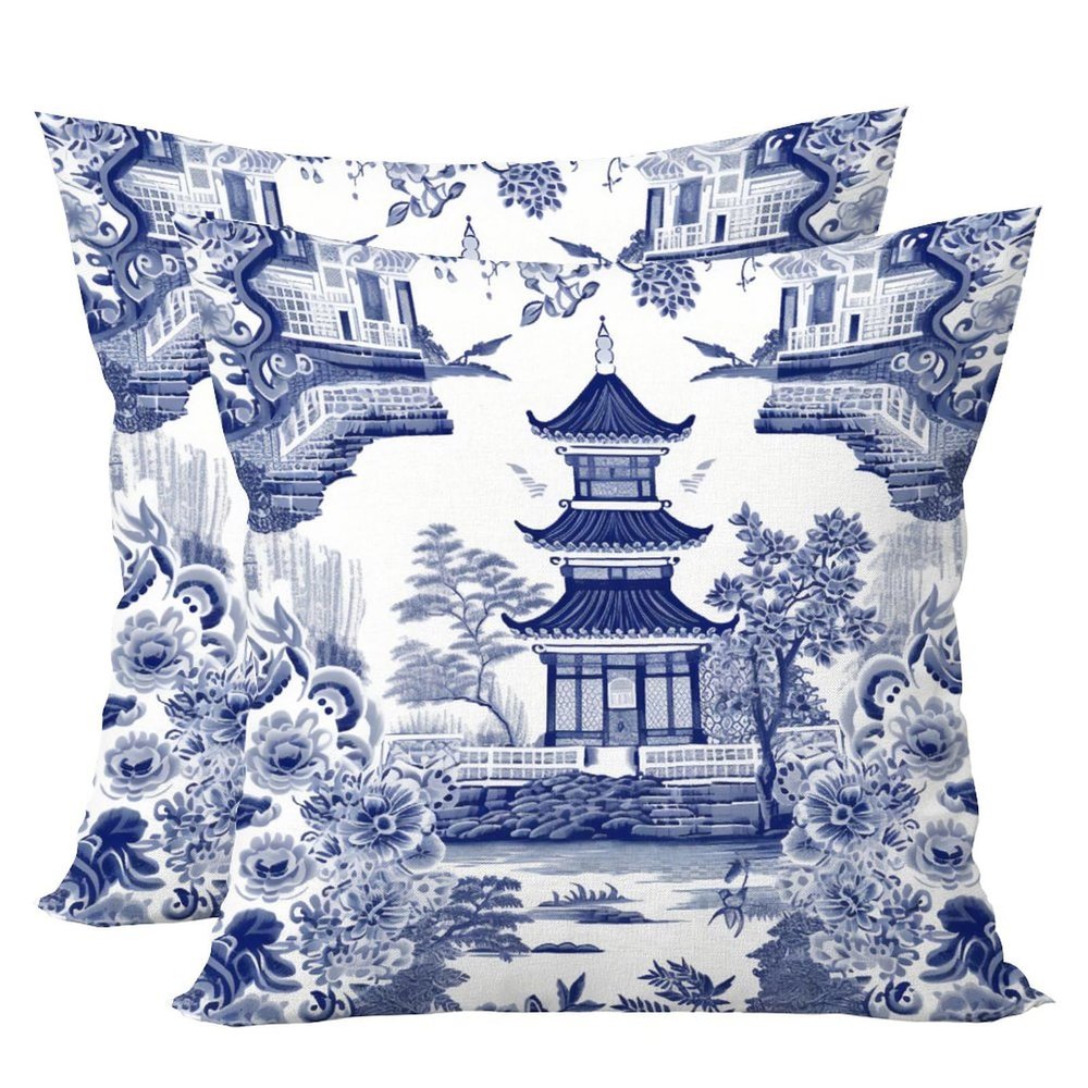 2 Chinoiserie Blue Throw Pillow Covers, 40.6 x 40.6 cm
