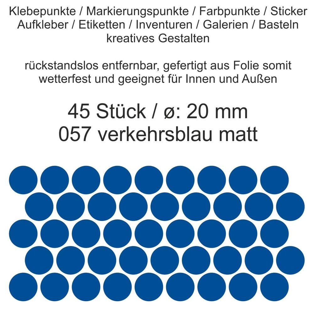 45 Matte Traffic-Blue Self-Adhesive Vinyl Sticker Dots, Round, 20 mm
