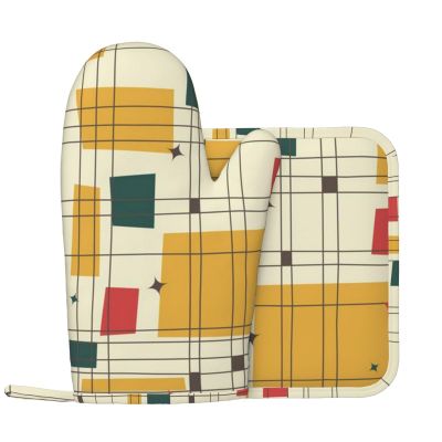 Mid-Century Modern Printed Oven Mitt and Pot Holder Set, Heat-Resistant, Non-Slip