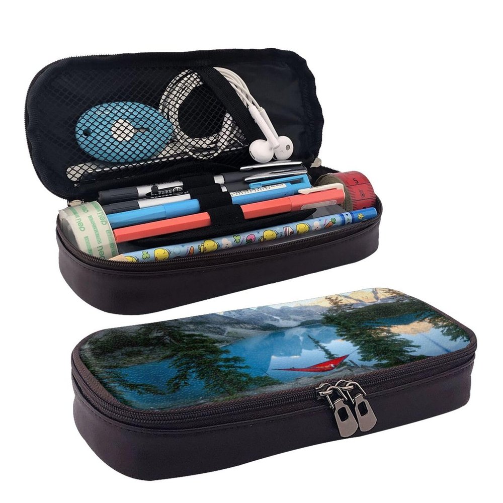 Large-Capacity Leather Pencil Case, Cute Dolphin Protective Eyewear Makeup Bag for Women and Men, Moraine Lake Hammock, One Size, Coin Purse