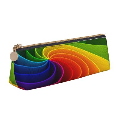 Rainbow Swirl Leather Pencil Case, Triangle Pen Pouch, Portable Cosmetic Bag, White, One Size