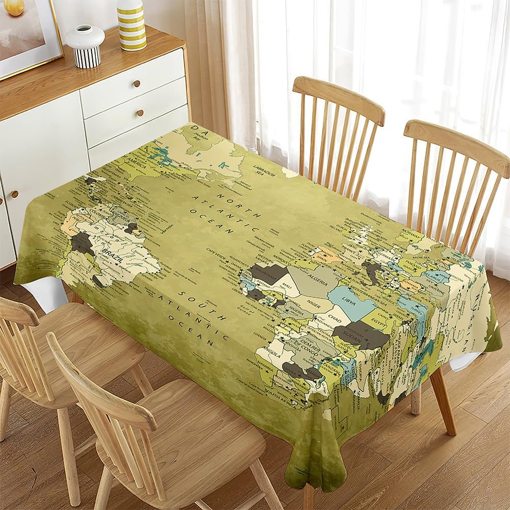 Mateju World Map Pattern Washable Rectangular Tablecloth, 150 x 260 cm, Light Green