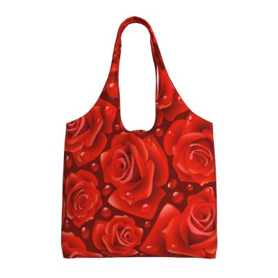 OUSIKA Many Red Roses Canvas Tote Bag, Reusable Shopping Shoulder Bag, Black, One Size