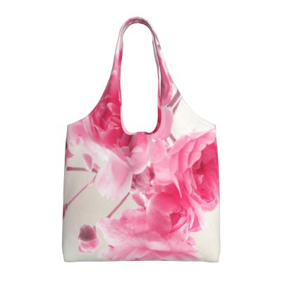 OUSIKA Pink Floral Canvas Tote Bag, Reusable Shoulder Shopping Bag, Black, One Size