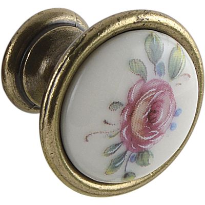 SCHRGHOFER & FREHE Rose Furniture Knob, 24 mm, Painted Porcelain, Antique Brass-Finish Zinc Die-Cast