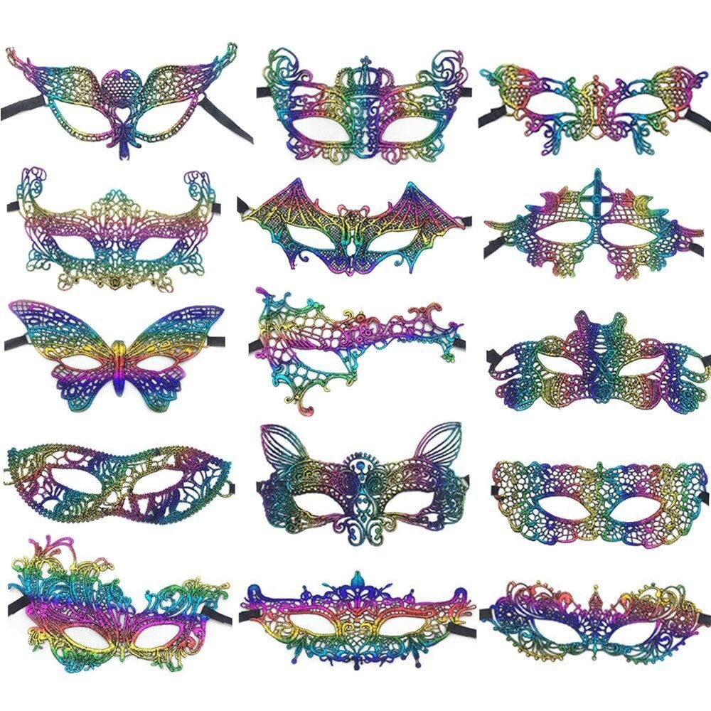 Danlai 15-Piece Colorful Lace Masquerade Eye Masks for Adults