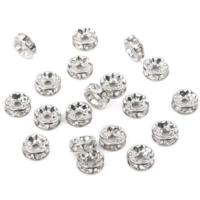 50-Piece Lot 4/6/8/10 mm Round Rhinestone Crystal Spacer Beads, Rhodium, 6 mm