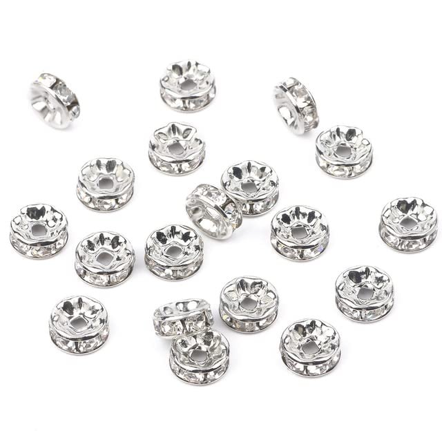 50-Piece Lot 4/6/8/10 mm Round Rhinestone Crystal Spacer Beads, Rhodium, 6 mm