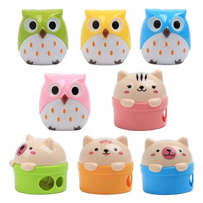 Opexicos 8-Piece Double-Hole Pencil Sharpeners, Cartoon Cat and Owl, Assorted Colors