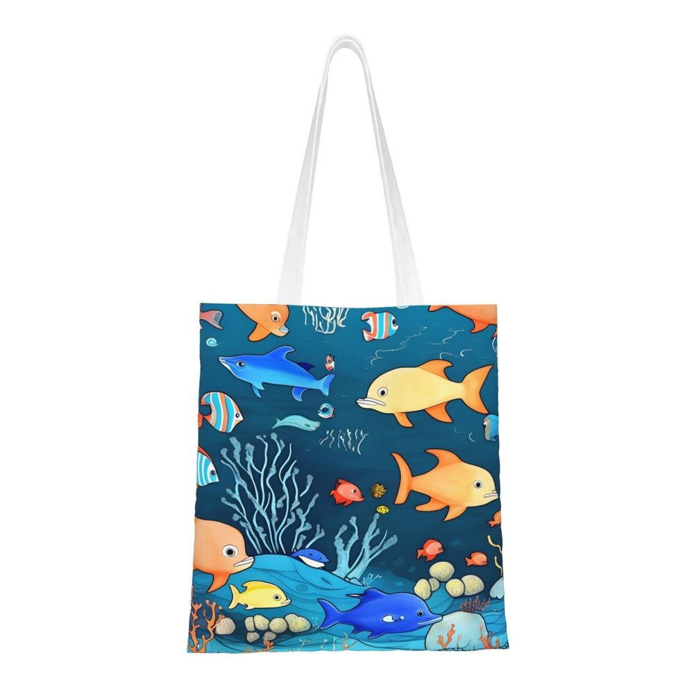 AthuAh Blue Underwater Fish World Canvas Tote Bag