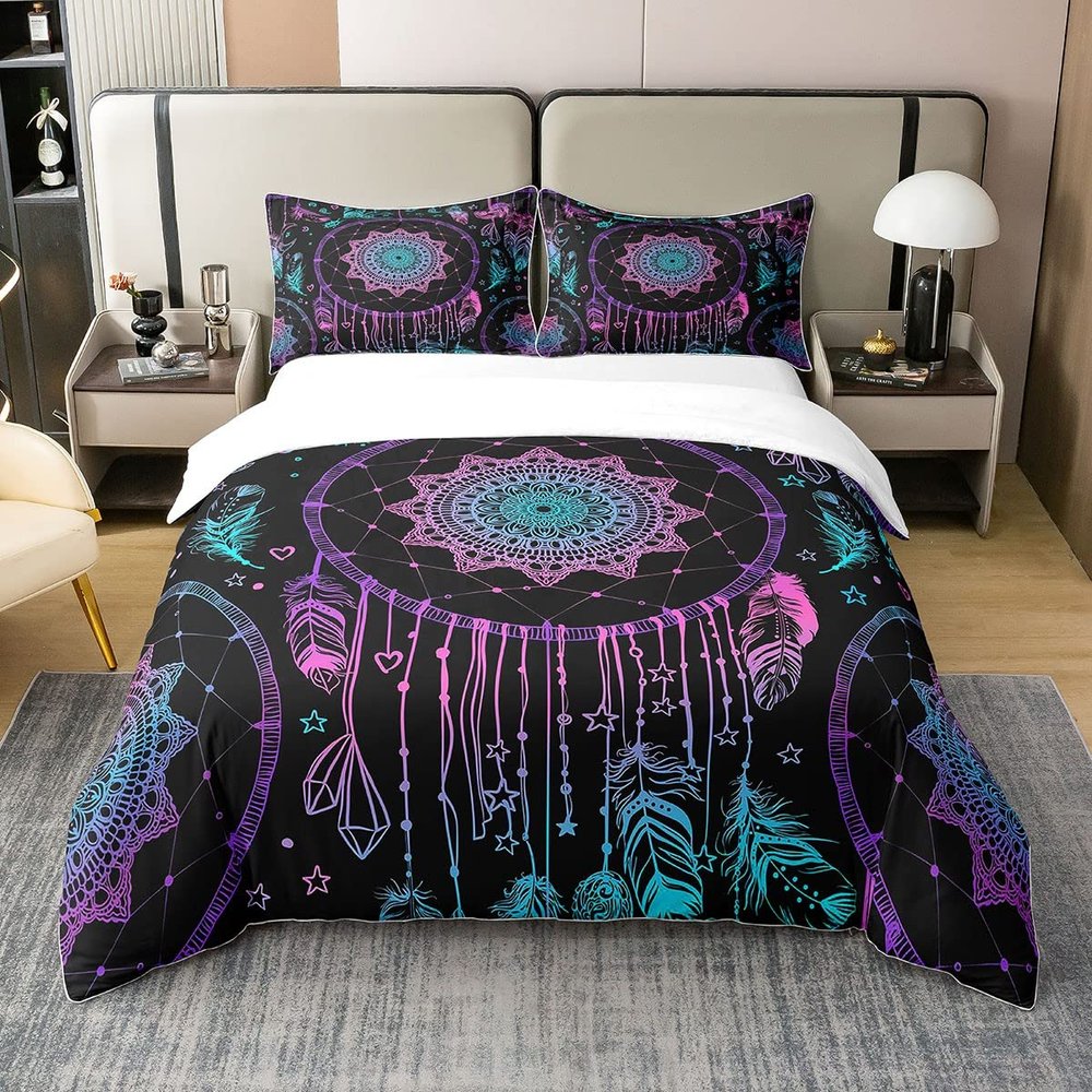 100% Cotton Dream Cat Duvet Cover Set, Purple and Teal Boho Mandala Floral, 155 x 220 cm