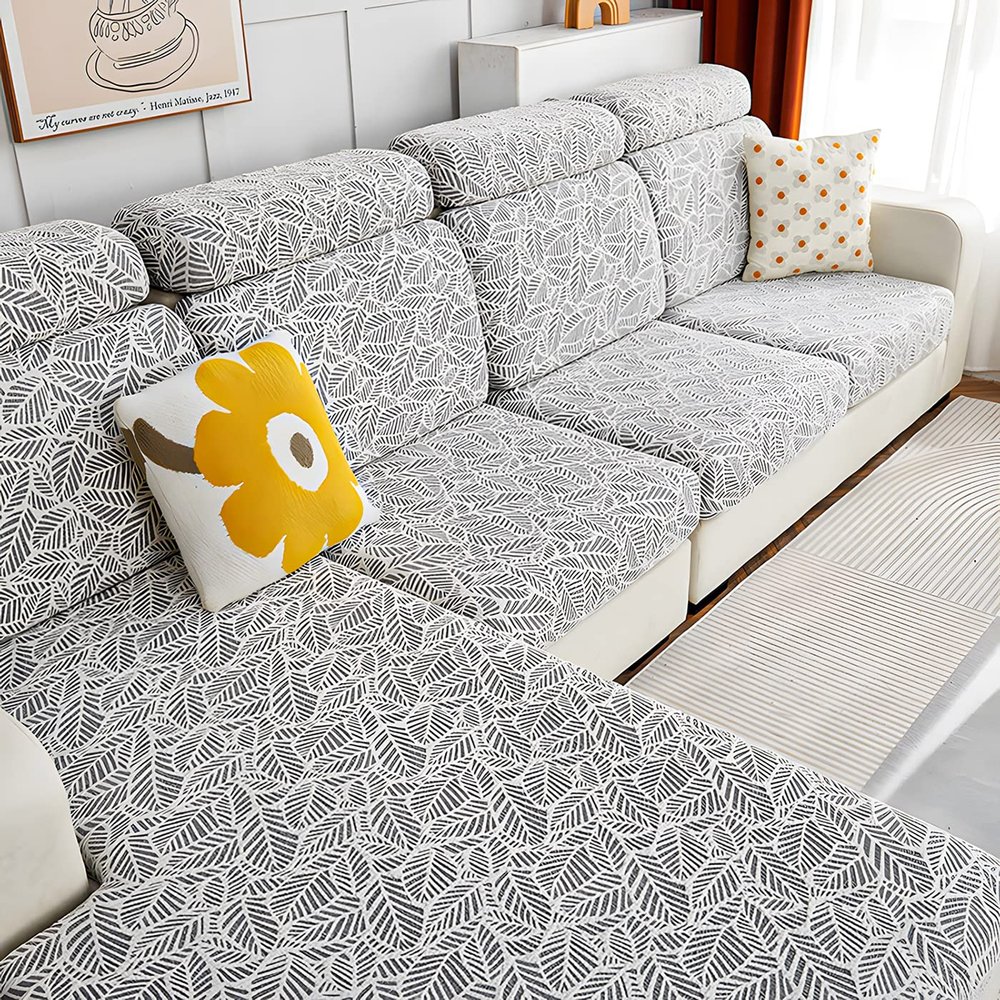 AOSFYORR Sectional Sofa Cover, Universal L-Shaped Sofa Slipcover with 3D Embossed Leaf Pattern, Separate Cushion and Chaise Covers, Stretch Protective Cover (Large, 4-Cushion, Milky White)
