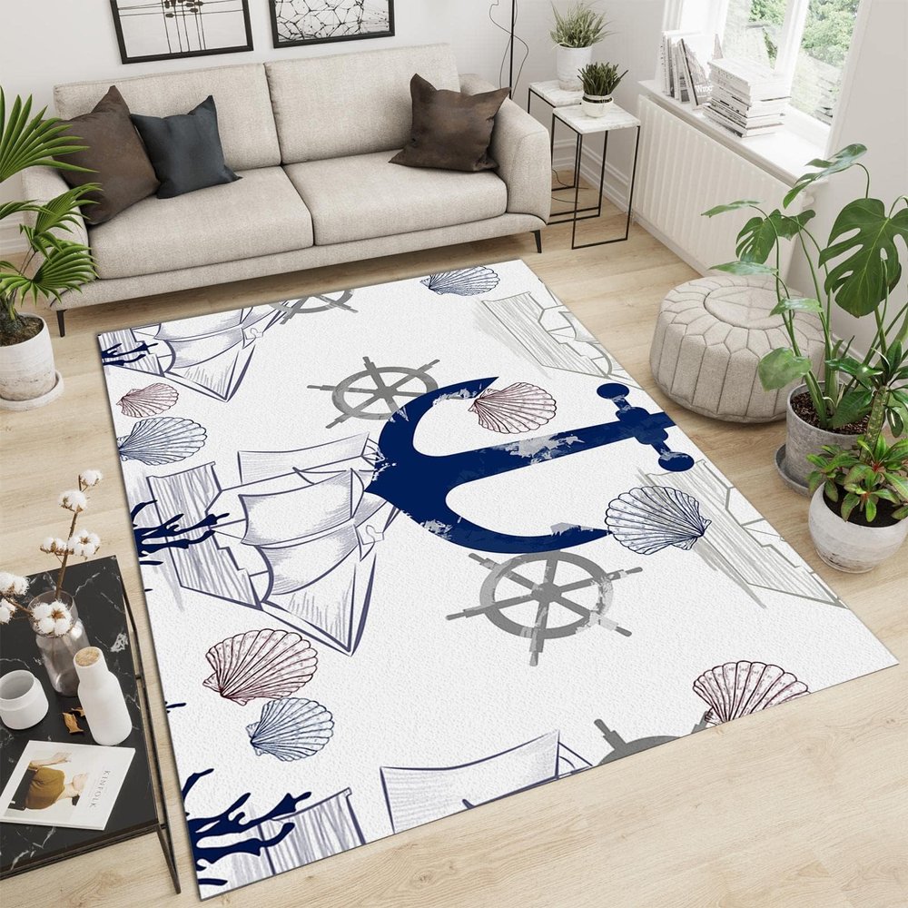 TEMLAN Navy Blue Sea Anchor Ocean-Themed Area Rug, 60 x 120 cm