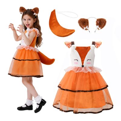 ReliBeauty Fox Costume for Girls, Animal Dress with Tail and Headband, Size 130