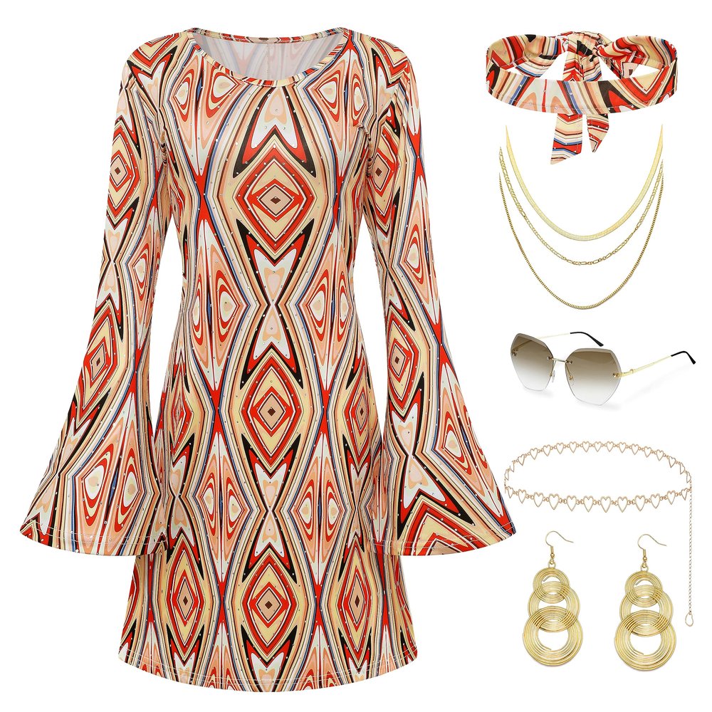 Coucoland 70s Disco Outfit for Women, 60s Hippie Dress Costume Set with Sunglasses and Headband