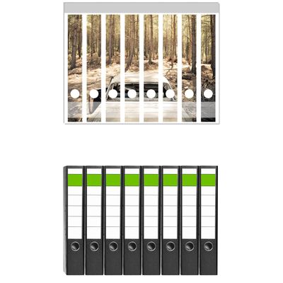 Wallario Set of 8 Narrow Binders with Adhesive Labels, Rusty Classic Car in the Forest Design