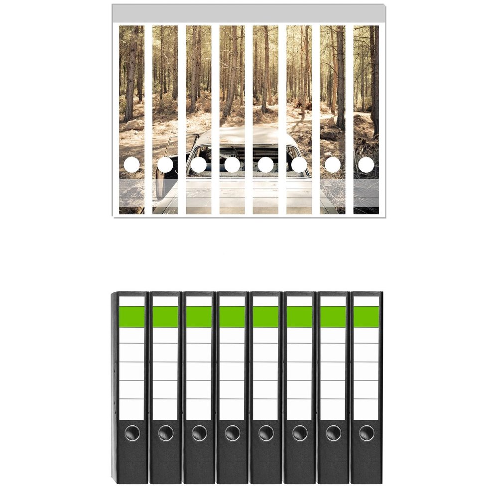 Wallario Set of 8 Narrow Binders with Adhesive Labels, Rusty Classic Car in the Forest Design