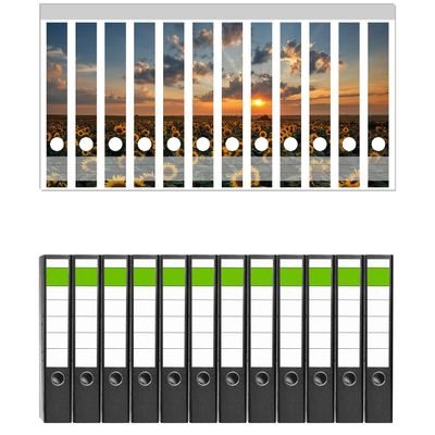 Wallario Set of 12 Narrow Binders with Sunflower Meadow Sunset Spine Labels