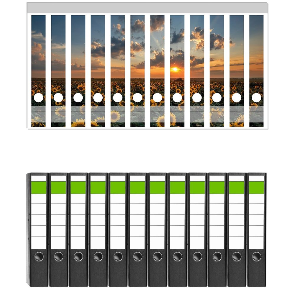 Wallario Set of 12 Narrow Binders with Sunflower Meadow Sunset Spine Labels