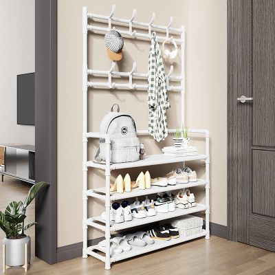 OWKAY Easy-Assembly Multifunctional Metal Hall Tree with Shoe and Hat Shelves, 80 cm, White, 5L