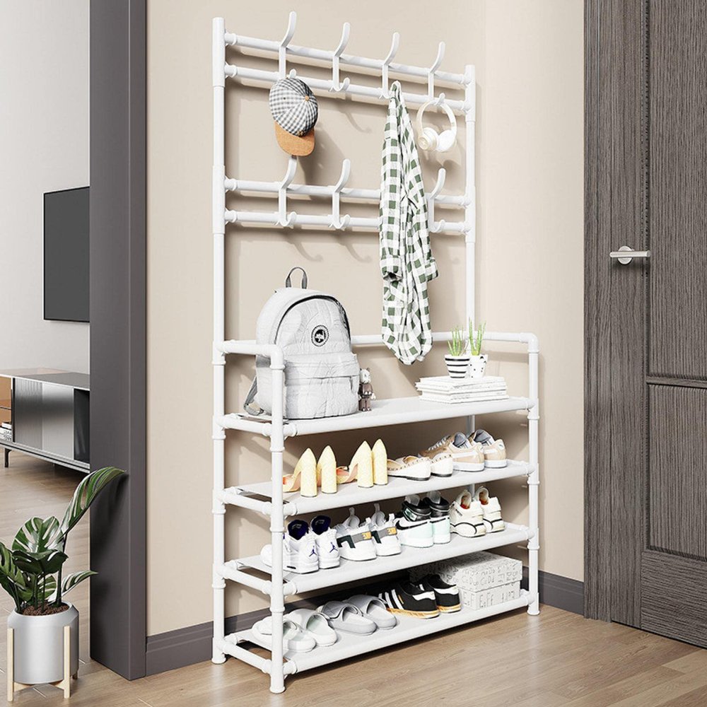 OWKAY Easy-Assembly Multifunctional Metal Hall Tree with Shoe and Hat Shelves, 80 cm, White, 5L