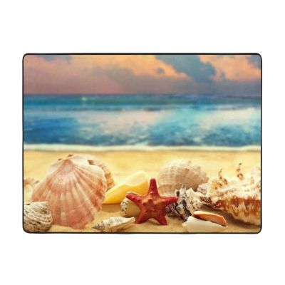 Seashells on the Sandy Beach Printed Area Rug, Fluffy, Shaggy, Soft