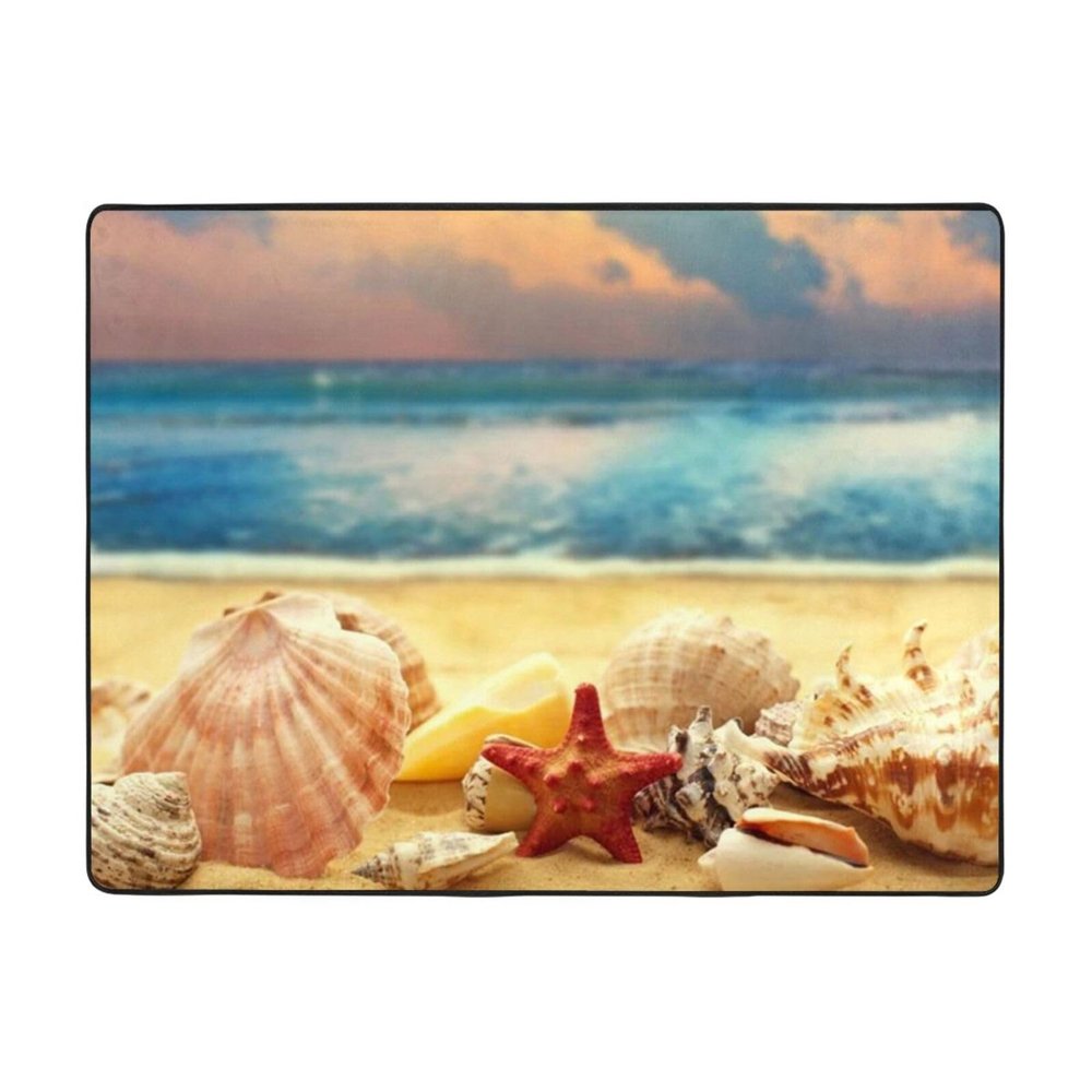 Seashells on the Sandy Beach Printed Area Rug, Fluffy, Shaggy, Soft