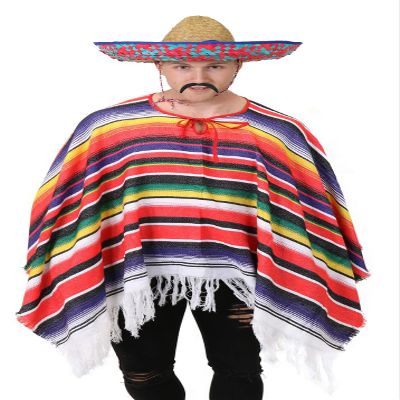 Mexican Costume for Adults, Poncho with Tassels, Embroidered Sombrero and Fake Mustache, Blue