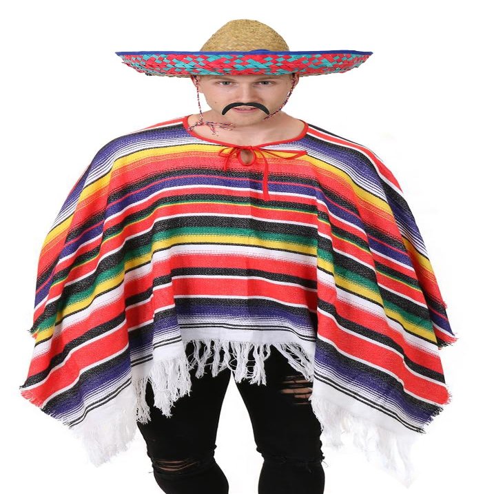 Mexican Costume for Adults, Poncho with Tassels, Embroidered Sombrero and Fake Mustache, Blue