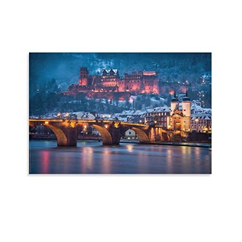 Heidelberg Castle & Old Bridge Winter Canvas Wall Art, 50 x 70 cm, Unframed
