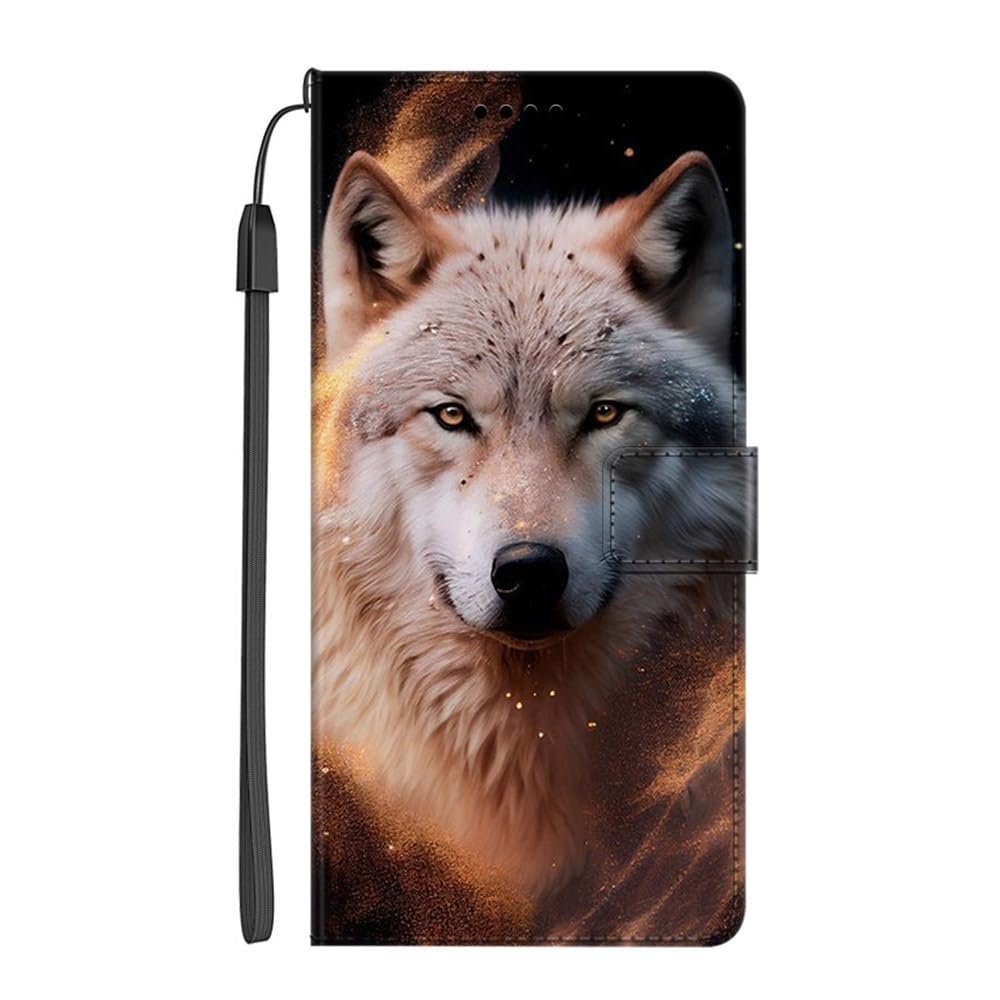 EuoDuo Flip Phone Case Compatible with Samsung Galaxy A52s 5G/A52 4G/5G, PU Leather Wallet Case with White and Gold Wolf Design