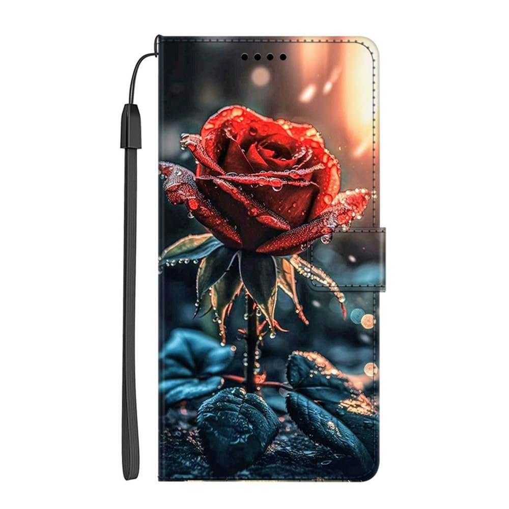 EuoDuo Flip Phone Case Compatible with Samsung Galaxy A53 5G, PU Leather Wallet Cover with Red Rose Design