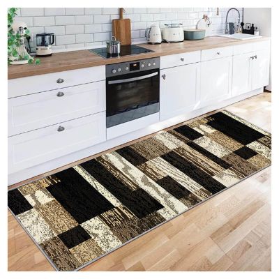Siunwdiy Kitchen Runner Rug 60 x 60 cm, Non-Slip, Black and Brown Geometric Pattern, Washable, Customizable Length