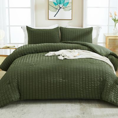 AveLom Seersucker Comforter Set, Dark Olive, California King, 104 x 96 cm, 3-Piece
