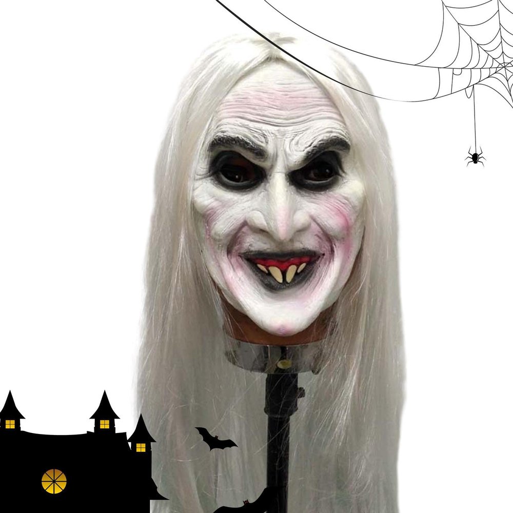 Fukamou Halloween Scary Full-Face Mask with Hair, Latex Cosplay Face Covering for Adults
