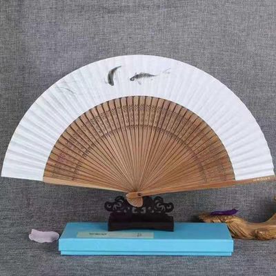 BIVVI Retro Xuan Paper Folding Fan, Classic Women's Hand Fan, Hand-Painted Landscape, Tea Pot
