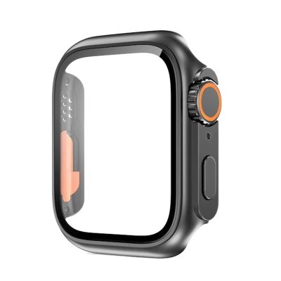 AEMALL Glass Case for Apple Watch 44/45/41/40/42/38 mm, Screen Protector Cover, Ultra Bumper, Black-Red, 45 mm